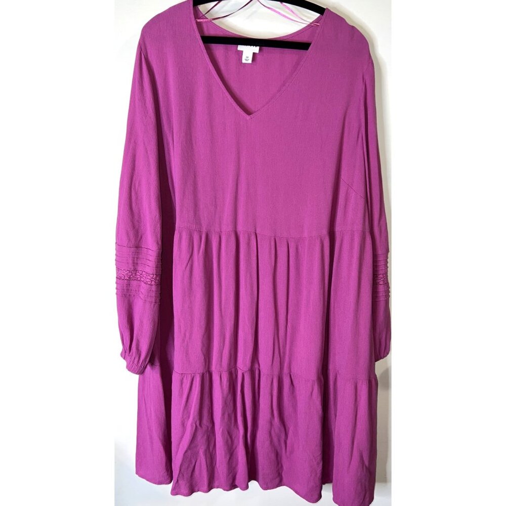 Ava & Viv Womens 2X Tier Long Sleeve V-Neck Dress Fuchsia Pink Rayon/Poly Blend